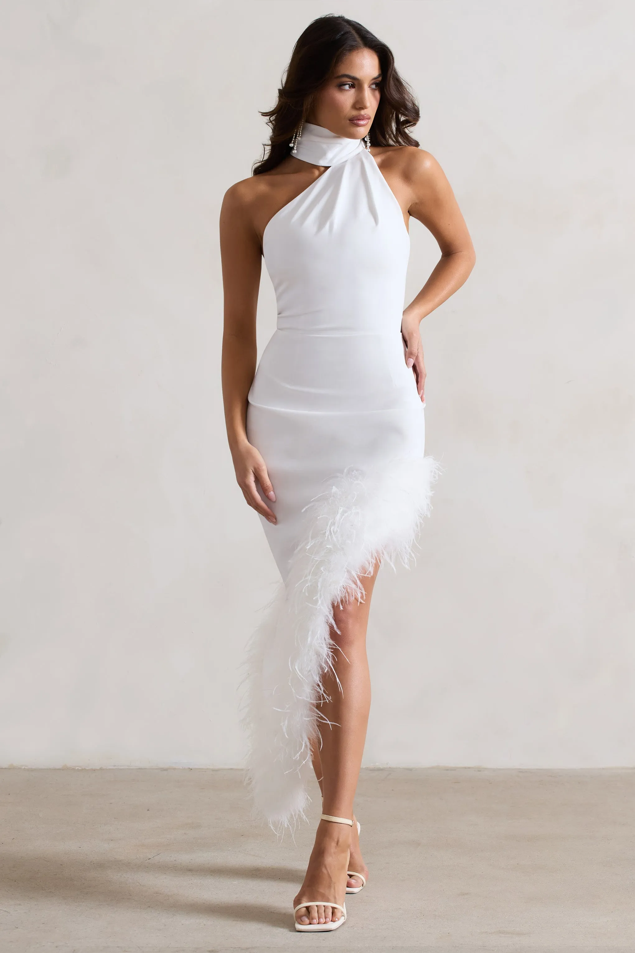Brilliance | White Asymmetric Maxi Dress With Feather Trim sold by Club L London