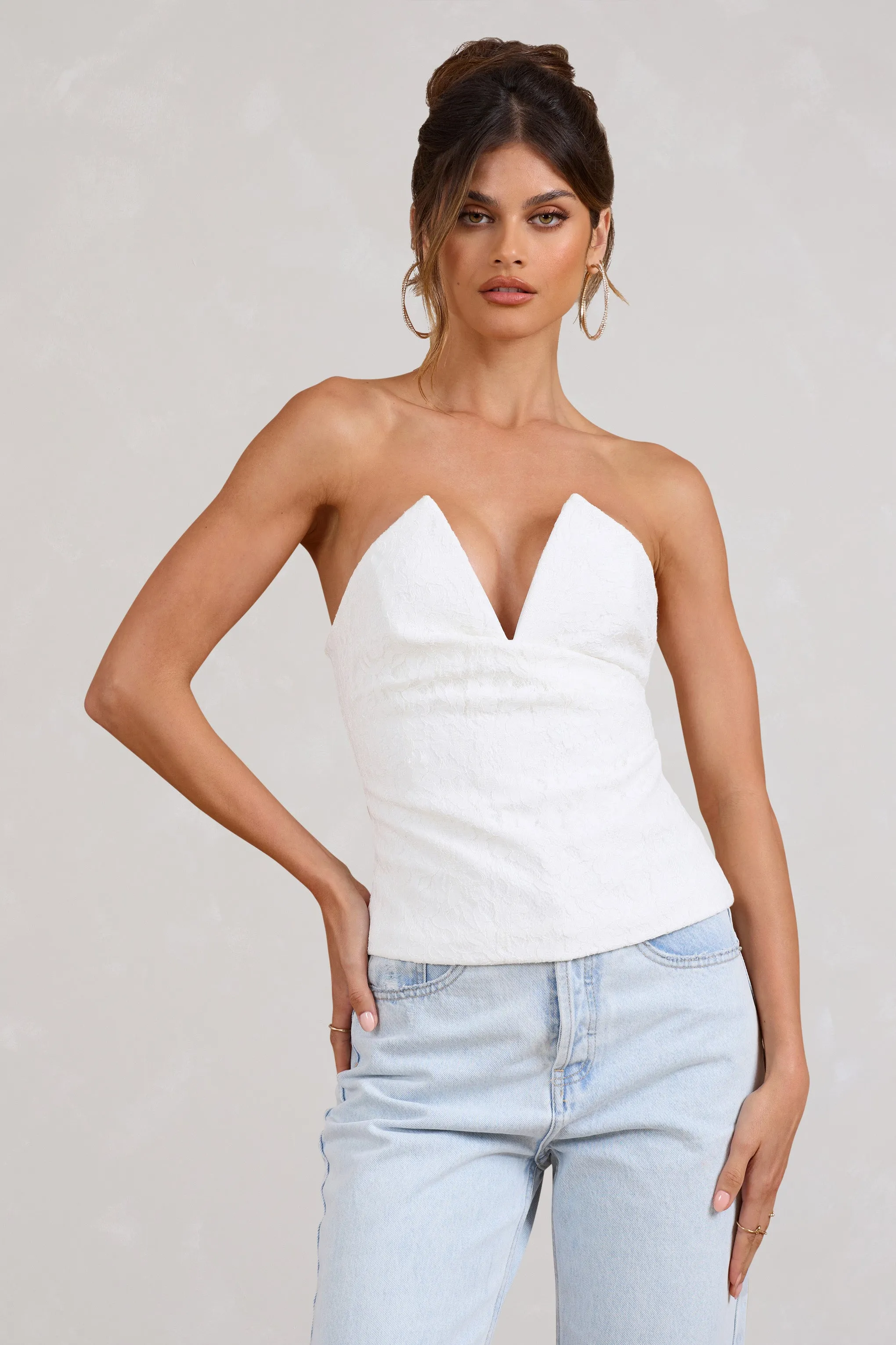 Delicacy | White Lace V-Neck Bandeau Corset Top sold by Club L London product image thumbnail 4