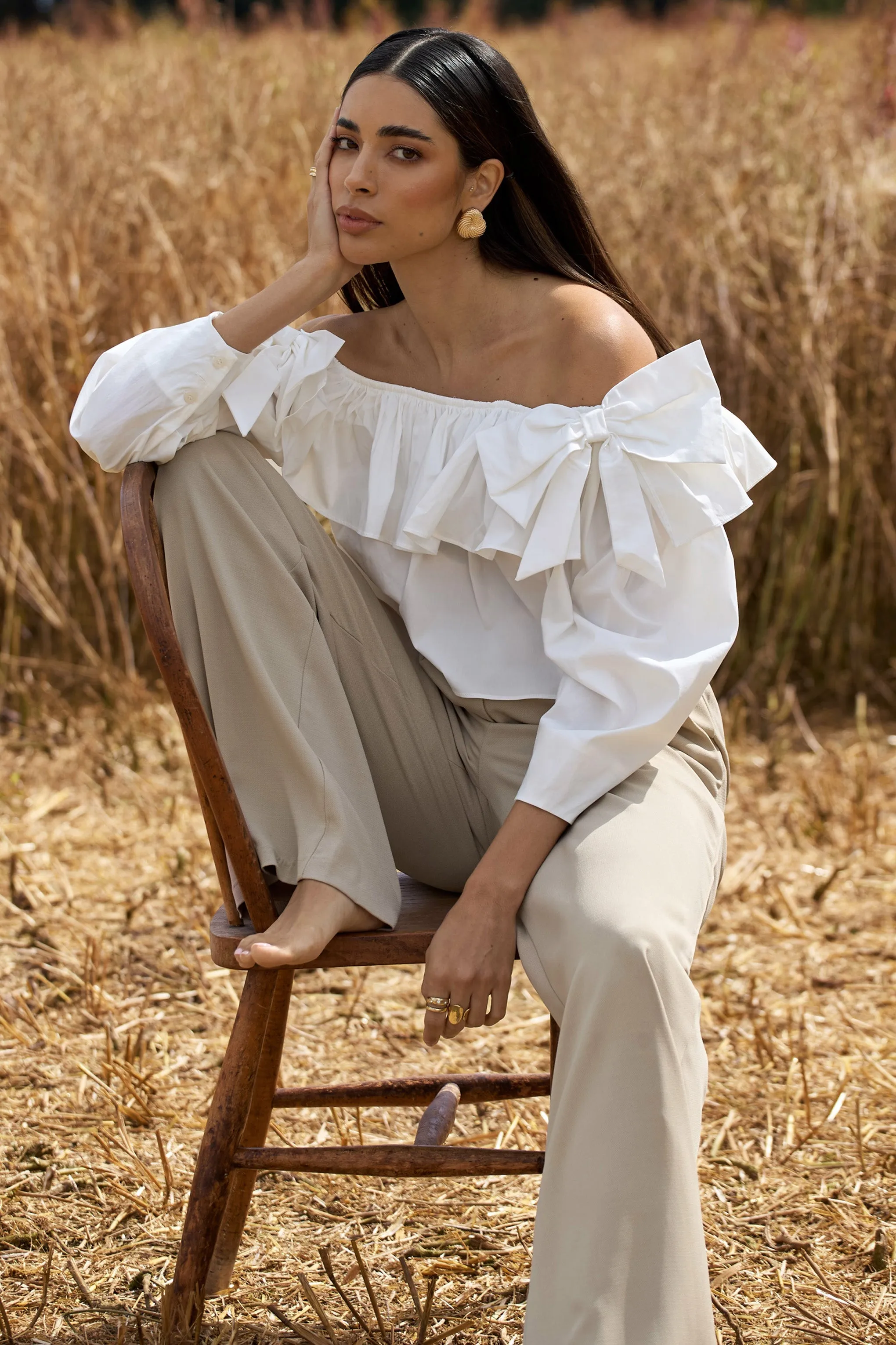 Cove | White Bardot Puff-Sleeve Ruffle Top With Bows sold by Club L London product image thumbnail 4