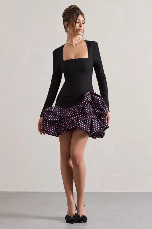 Surreal | Black Polka Dot Square-Neck Mini Dress With Ruffles sold by Club L London
