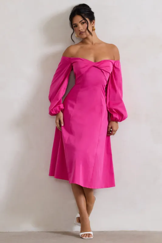 Santino | Hot Pink Twisted Bardot Puff-Sleeve Midi Dress sold by Club L London