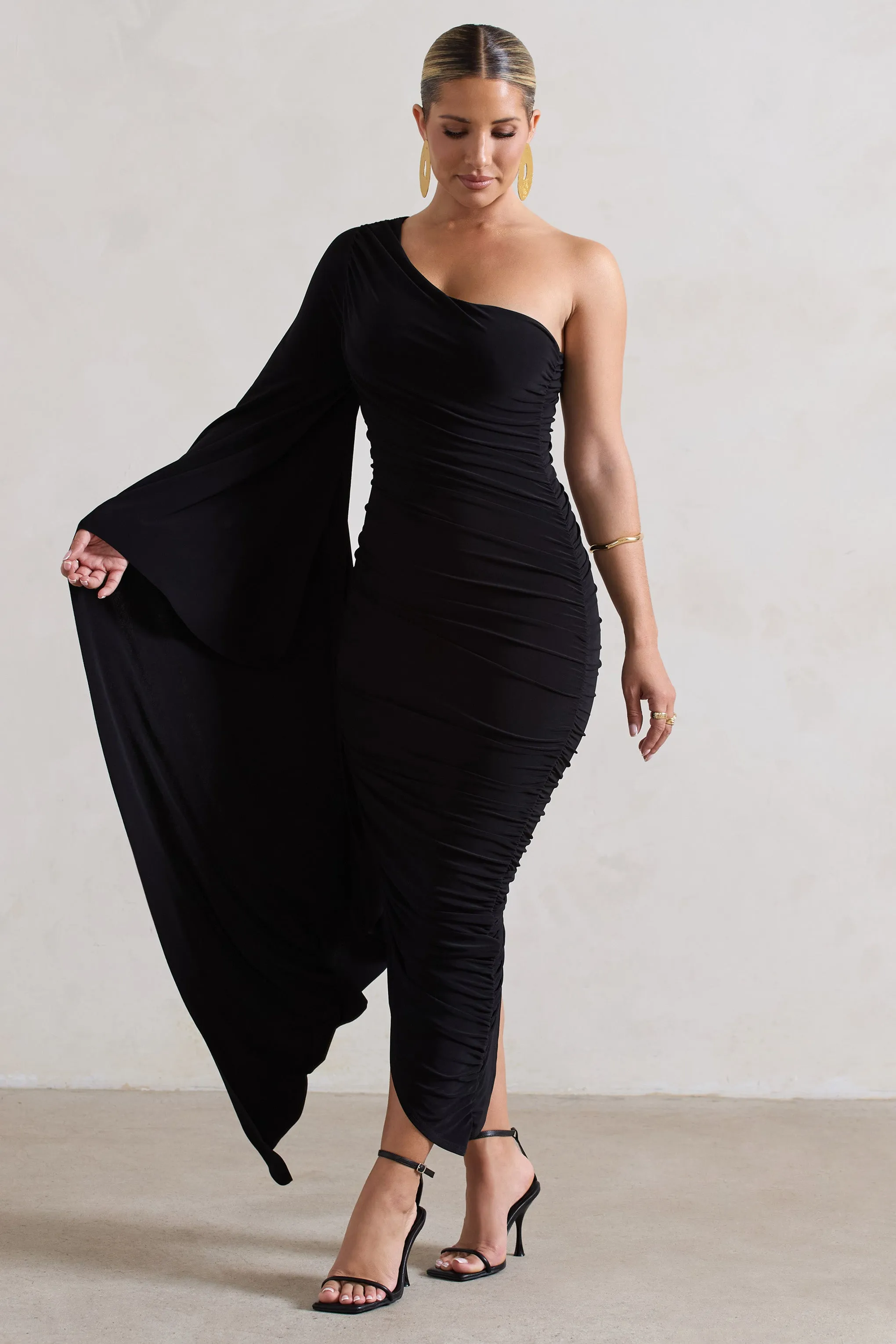 Halsey | Black Ruched One Shoulder Cape Sleeve Asymmetric Midi Dress sold by Club L London product image thumbnail 4