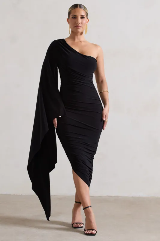Halsey | Black Ruched One Shoulder Cape Sleeve Asymmetric Midi Dress sold by Club L London