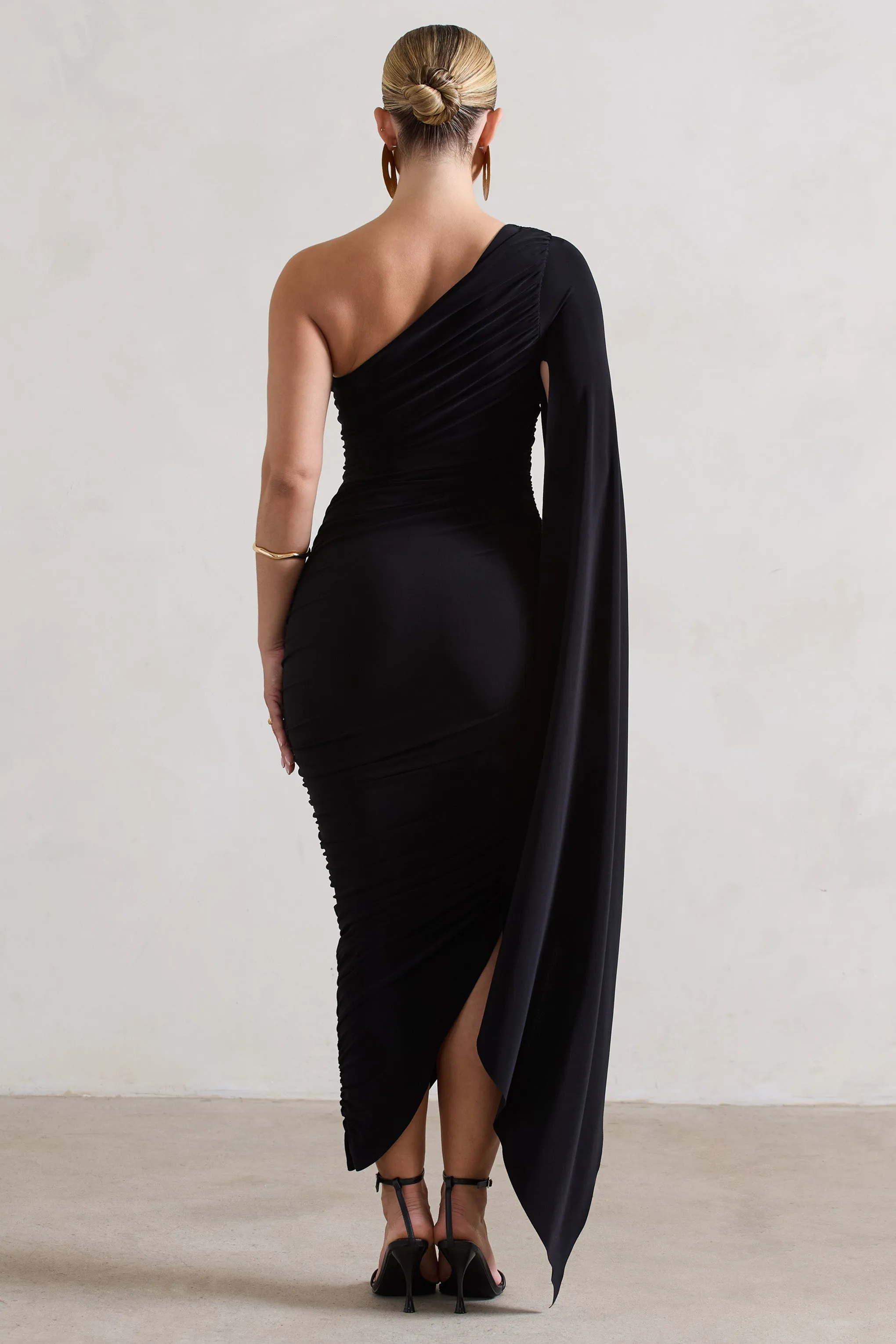 Halsey | Black Ruched One Shoulder Cape Sleeve Asymmetric Midi Dress sold by Club L London product image thumbnail 2