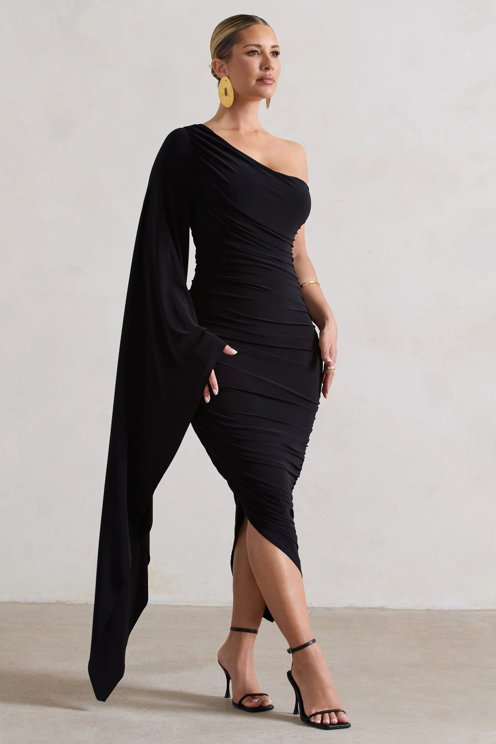 Halsey | Black Ruched One Shoulder Cape Sleeve Asymmetric Midi Dress sold by Club L London product image thumbnail 5