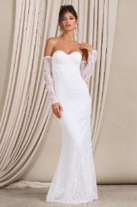 Aniyah | White Lace Bandeau Neckline Corset Fishtail Maxi Dress With Sheer Sleeves sold by Club L London