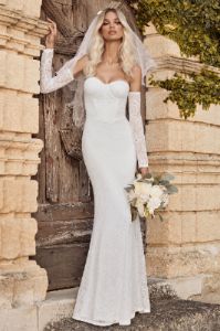 Aniyah | White Lace Bandeau Neckline Corset Fishtail Maxi Dress With Sheer Sleeves sold by Club L London