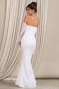 Aniyah | White Lace Bandeau Neckline Corset Fishtail Maxi Dress With Sheer Sleeves sold by Club L London