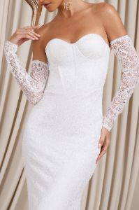 Aniyah | White Lace Bandeau Neckline Corset Fishtail Maxi Dress With Sheer Sleeves sold by Club L London