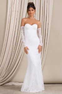 Aniyah | White Lace Bandeau Neckline Corset Fishtail Maxi Dress With Sheer Sleeves sold by Club L London