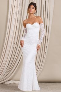 Aniyah | White Lace Bandeau Neckline Corset Fishtail Maxi Dress With Sheer Sleeves sold by Club L London