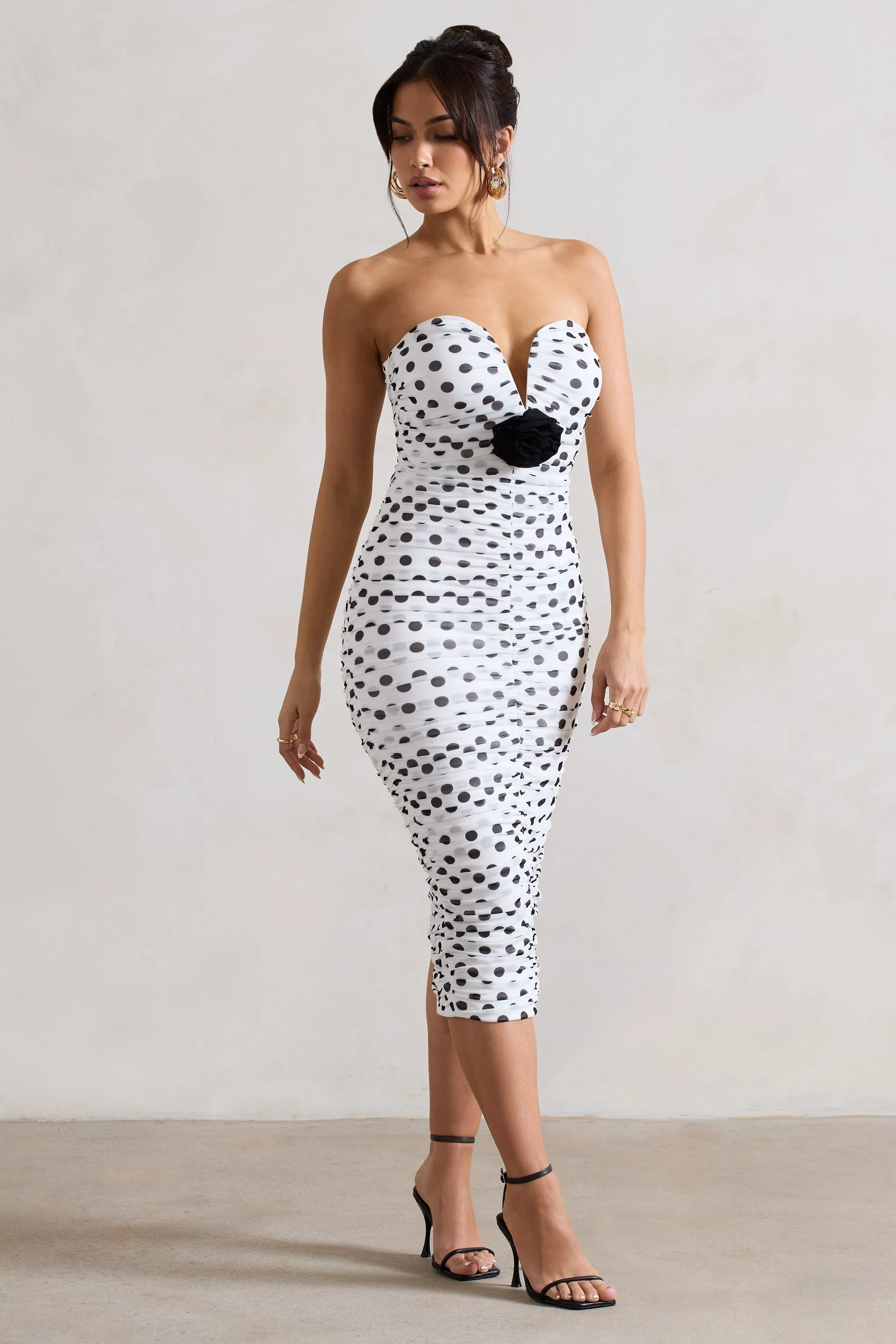 Taken | White Polka Dot Ruched Mesh Midi Dress With Corsage sold by Club L London product image thumbnail 4