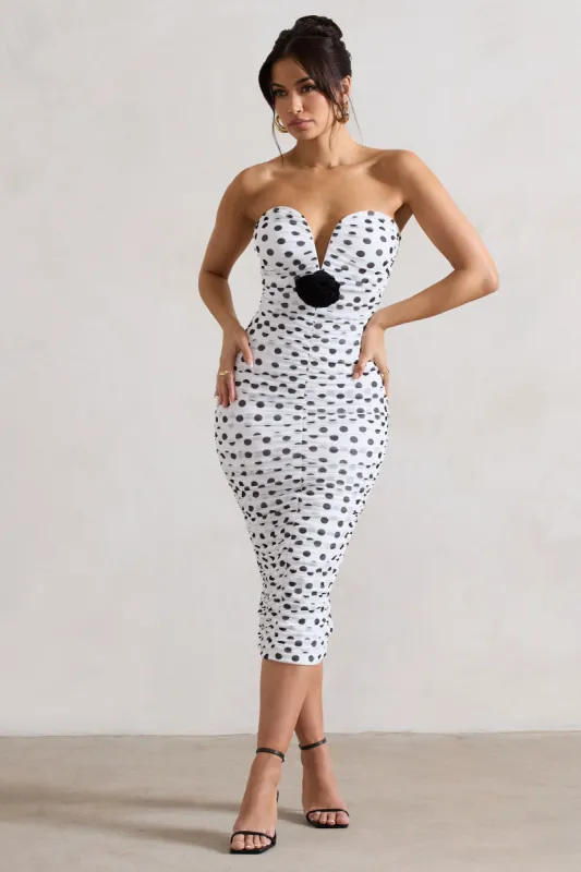 Taken | White Polka Dot Ruched Mesh Midi Dress With Corsage sold by Club L London