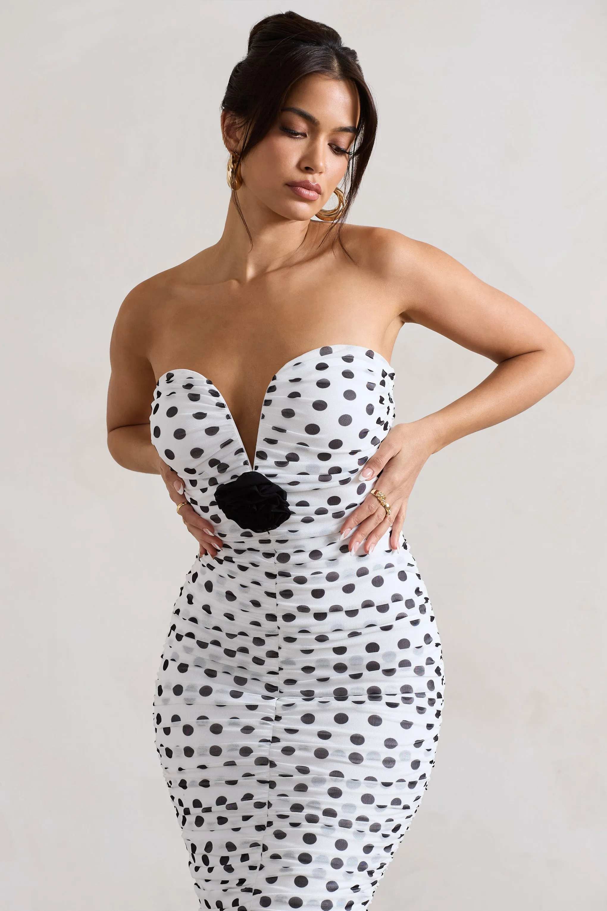Taken | White Polka Dot Ruched Mesh Midi Dress With Corsage sold by Club L London product image thumbnail 3