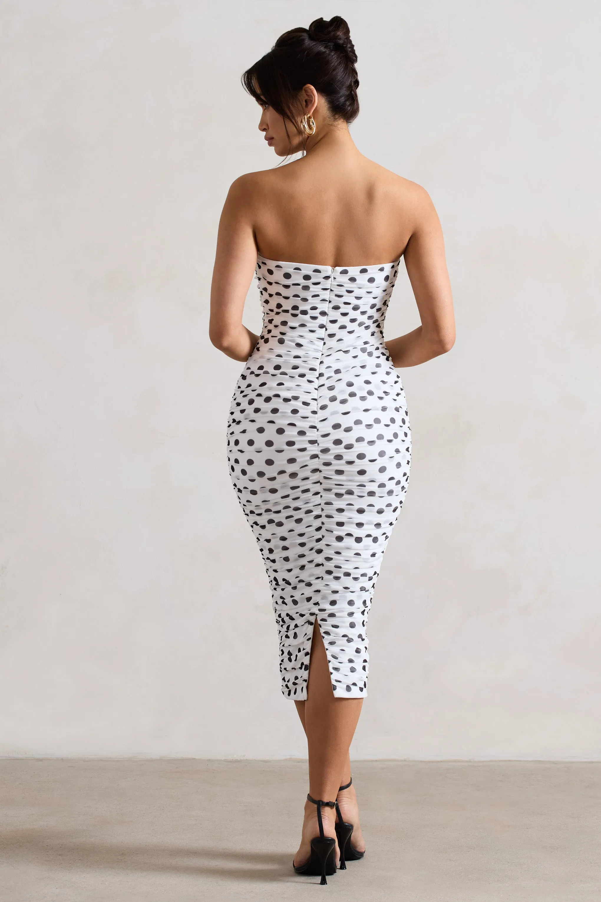 Taken | White Polka Dot Ruched Mesh Midi Dress With Corsage sold by Club L London product image thumbnail 2