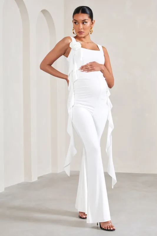 Magnolia | White Square-Neck Flared-leg Maternity Jumpsuit With Flowers sold by Club L London