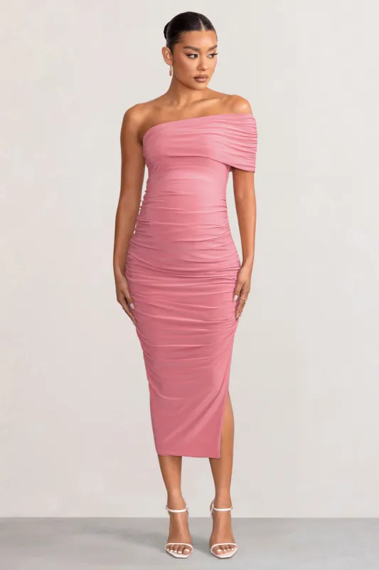 Odelia | Blush Maternity Midi Dress with Asymmetric Sleeve and Side Split sold by Club L London