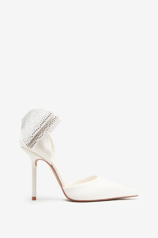 Flashing Lights | Ivory Satin Pointed Court Heels With Diamante Bows sold by Club L London