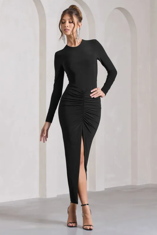 Katy | Black Ruched Long-Sleeve Split Maxi Dress sold by Club L London