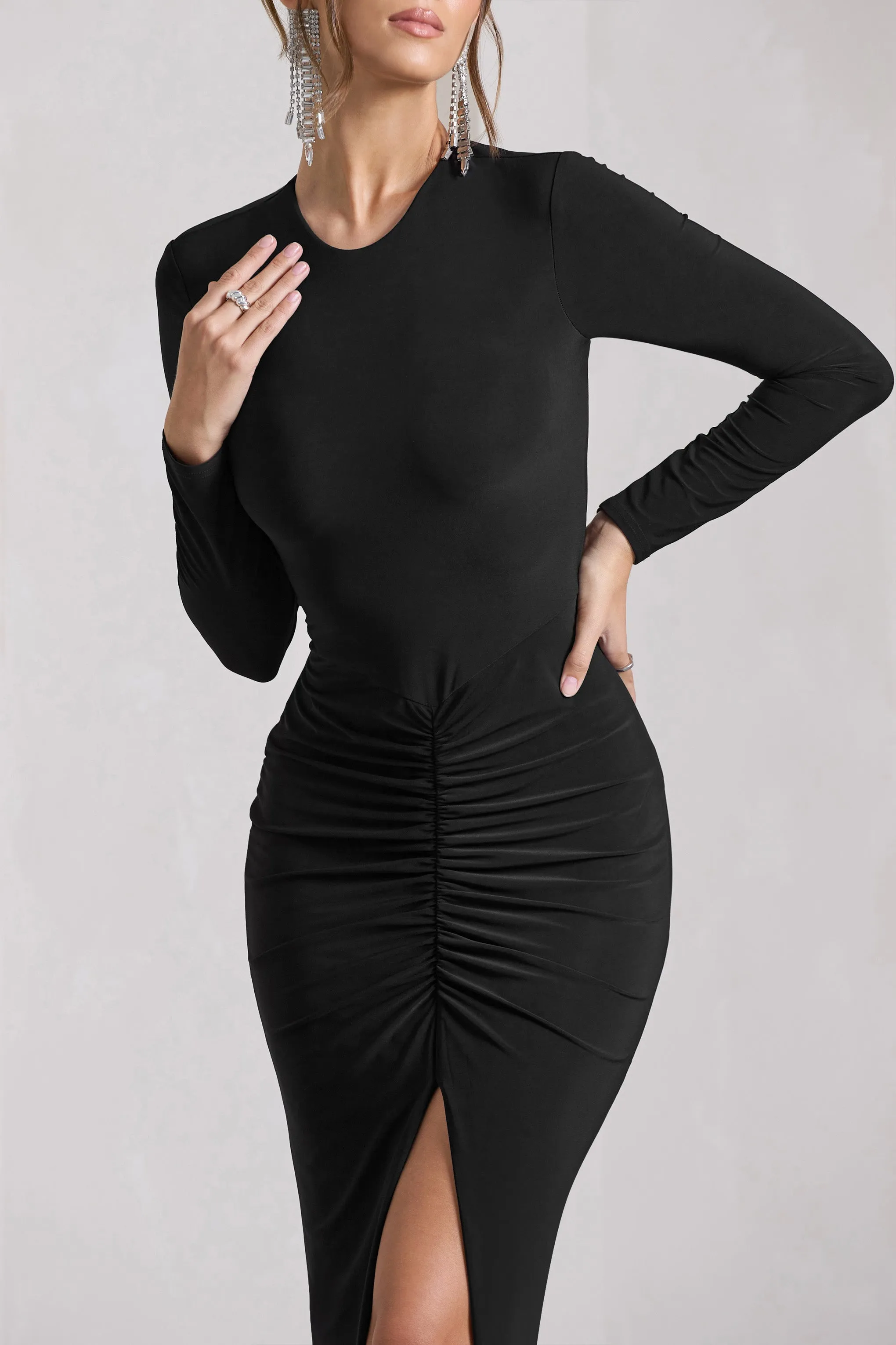 Katy | Black Ruched Long-Sleeve Split Maxi Dress sold by Club L London product image thumbnail 4