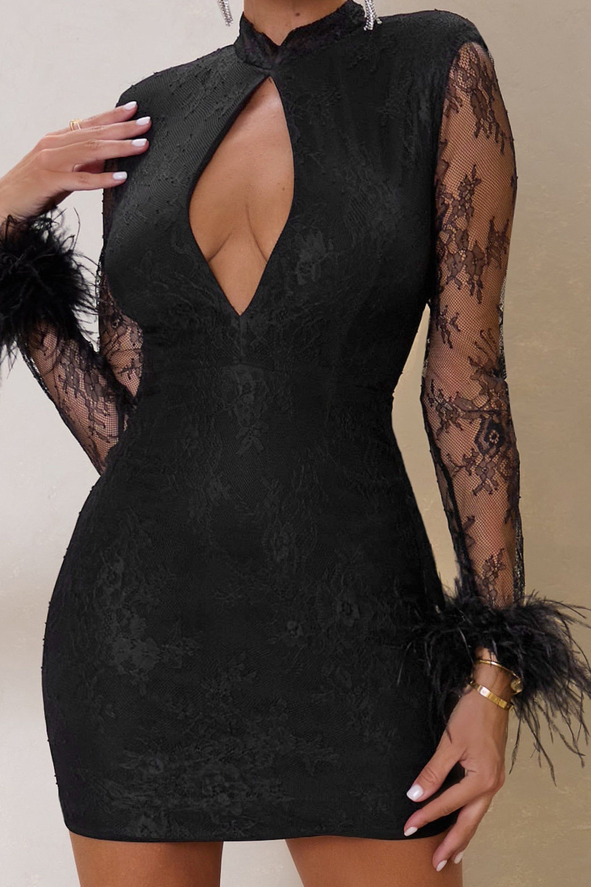 Enamored | Black Lace Mini Dress With Keyhole And Feather Trim Cuff sold by Club L London product image thumbnail 4