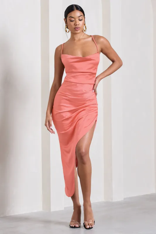 Risk It All | Coral Cami Cowl Neck Asymmetric Hem Midi Dress sold by Club L London
