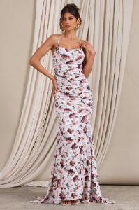 Adele | White Floral Print Backless Ruched Fishtail Cami Maxi Dress sold by Club L London
