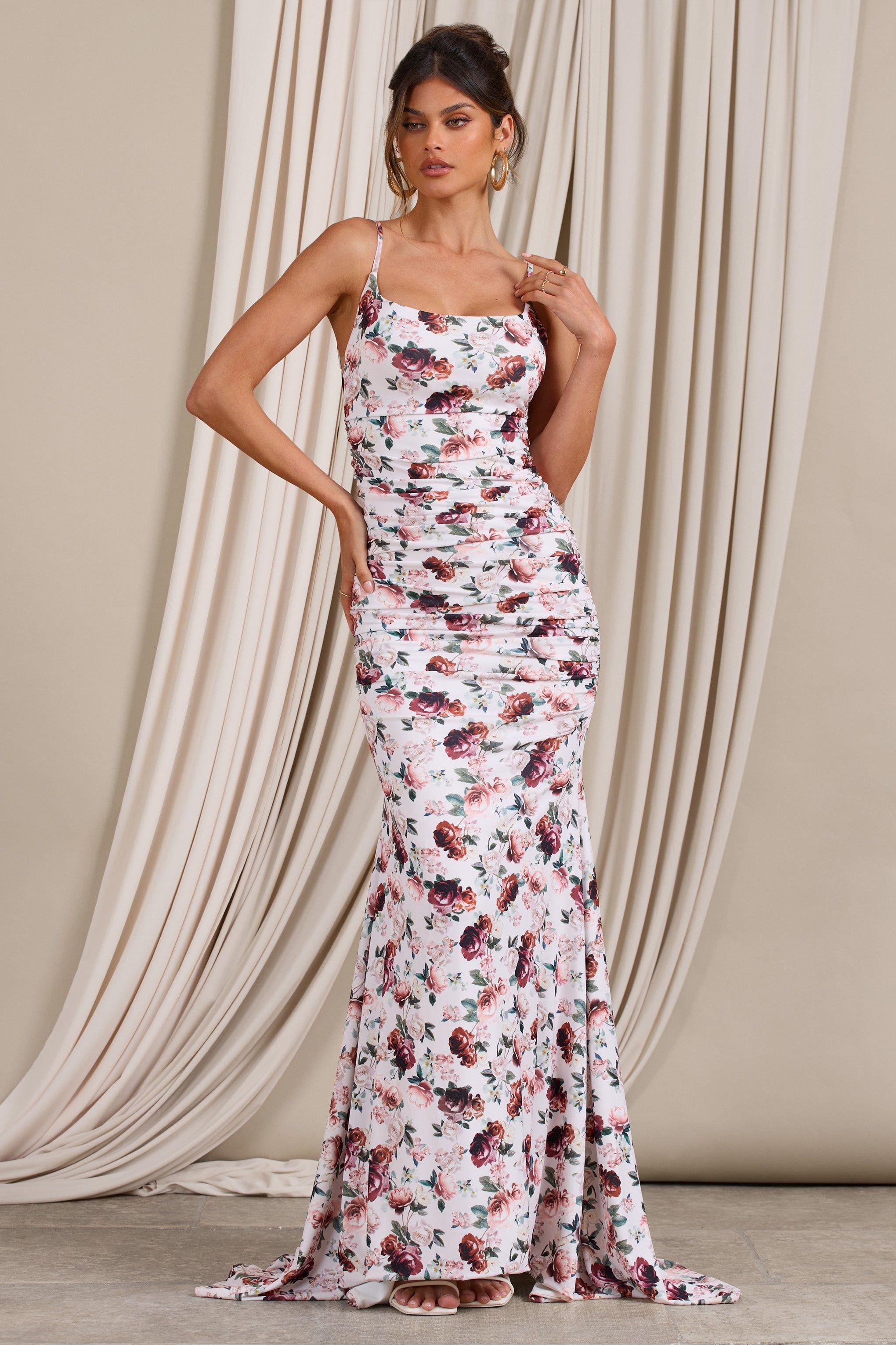 Adele | White Floral Print Backless Ruched Fishtail Cami Maxi Dress sold by Club L London product image thumbnail 2