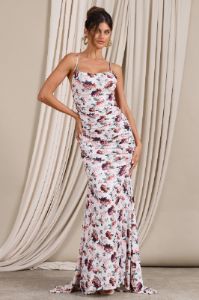 Adele | White Floral Print Backless Ruched Fishtail Cami Maxi Dress sold by Club L London