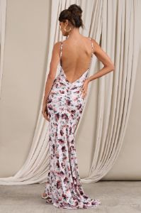 Adele | White Floral Print Backless Ruched Fishtail Cami Maxi Dress sold by Club L London