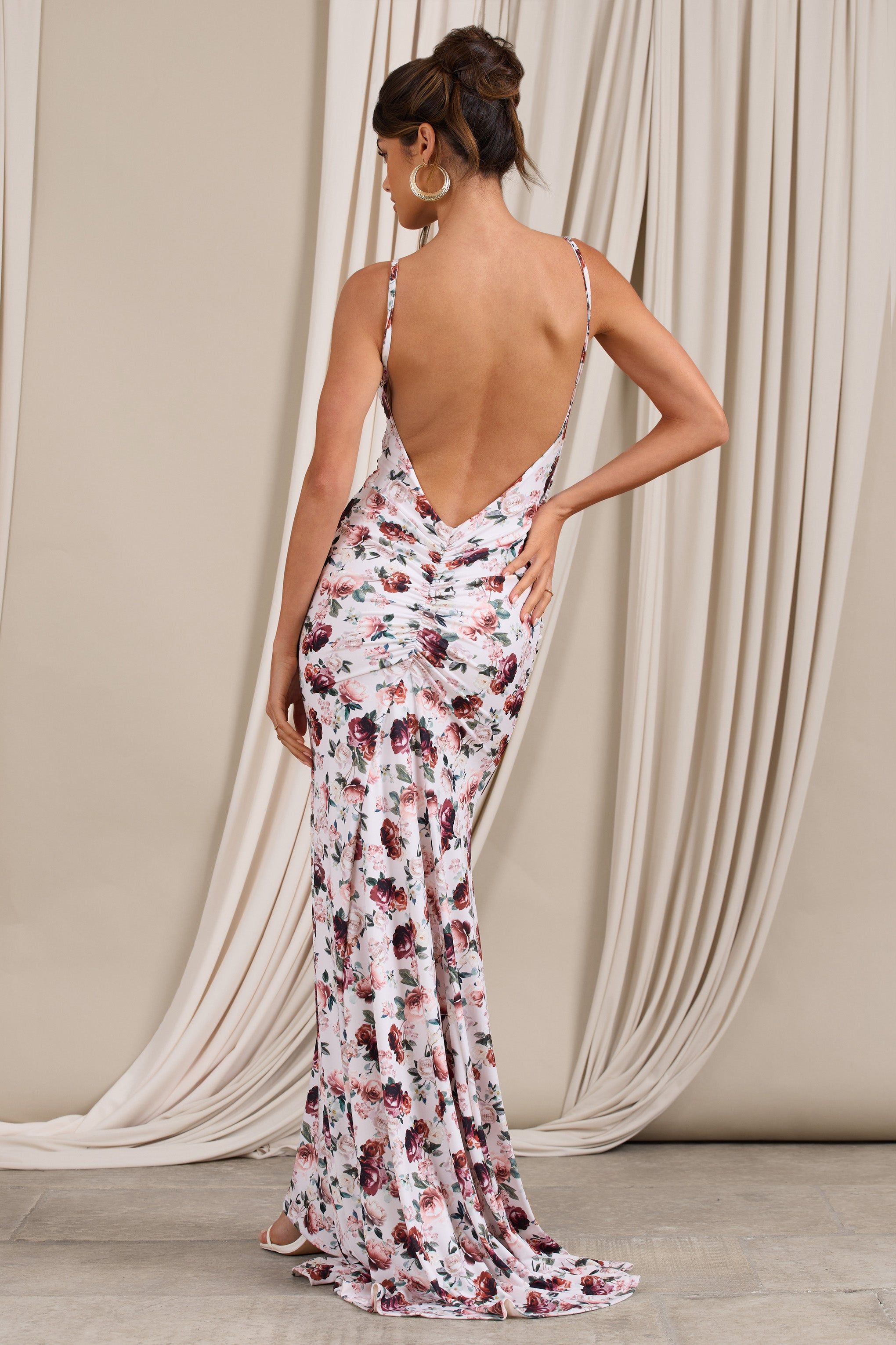 Adele | White Floral Print Backless Ruched Fishtail Cami Maxi Dress sold by Club L London product image thumbnail 3
