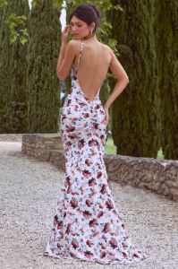 Adele | White Floral Print Backless Ruched Fishtail Cami Maxi Dress sold by Club L London
