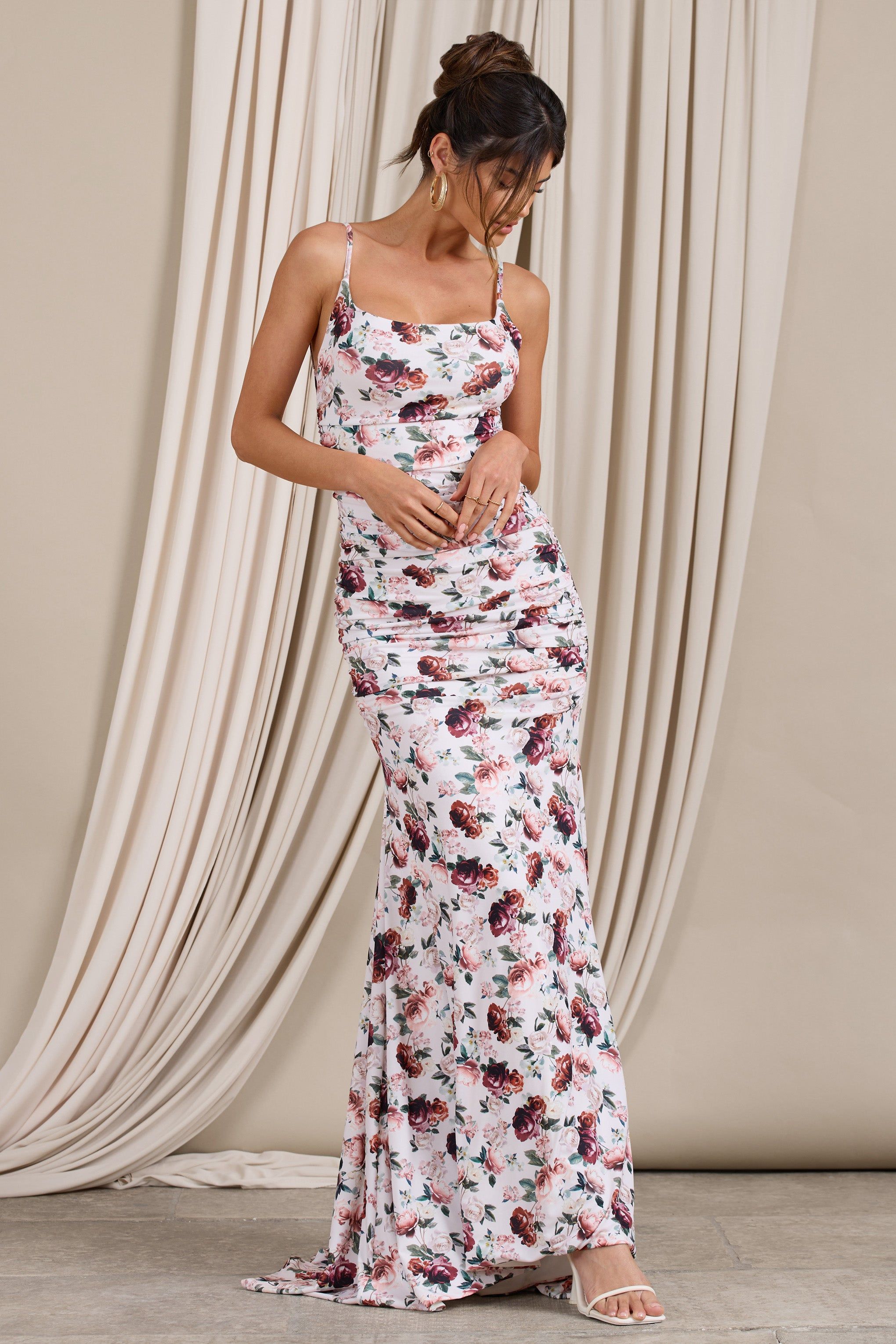 Adele | White Floral Print Backless Ruched Fishtail Cami Maxi Dress sold by Club L London product image thumbnail 7