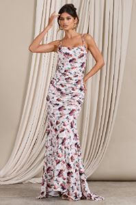 Adele | White Floral Print Backless Ruched Fishtail Cami Maxi Dress sold by Club L London
