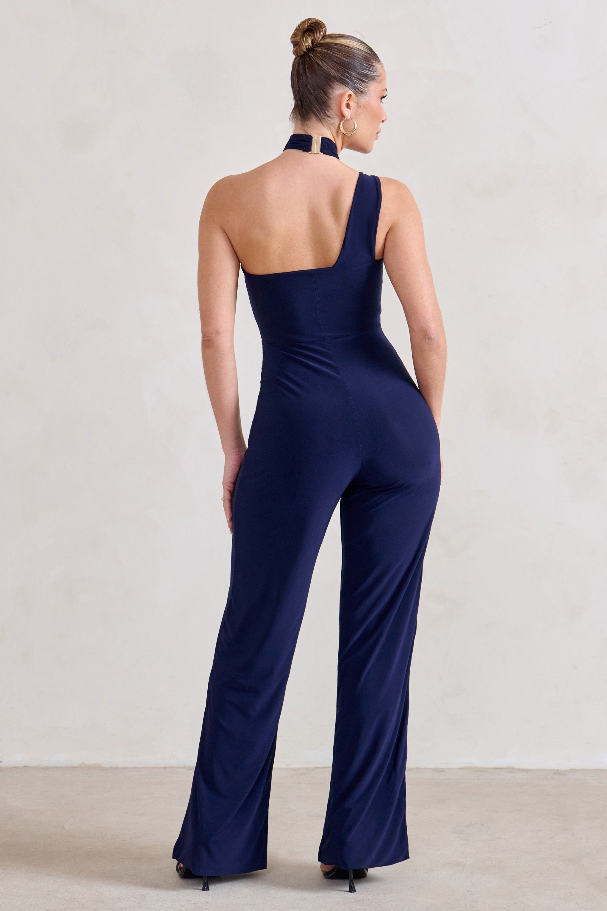 Tilly | Navy Cut Out Halterneck Asymmetrical Jumpsuit sold by Club L London product image thumbnail 2