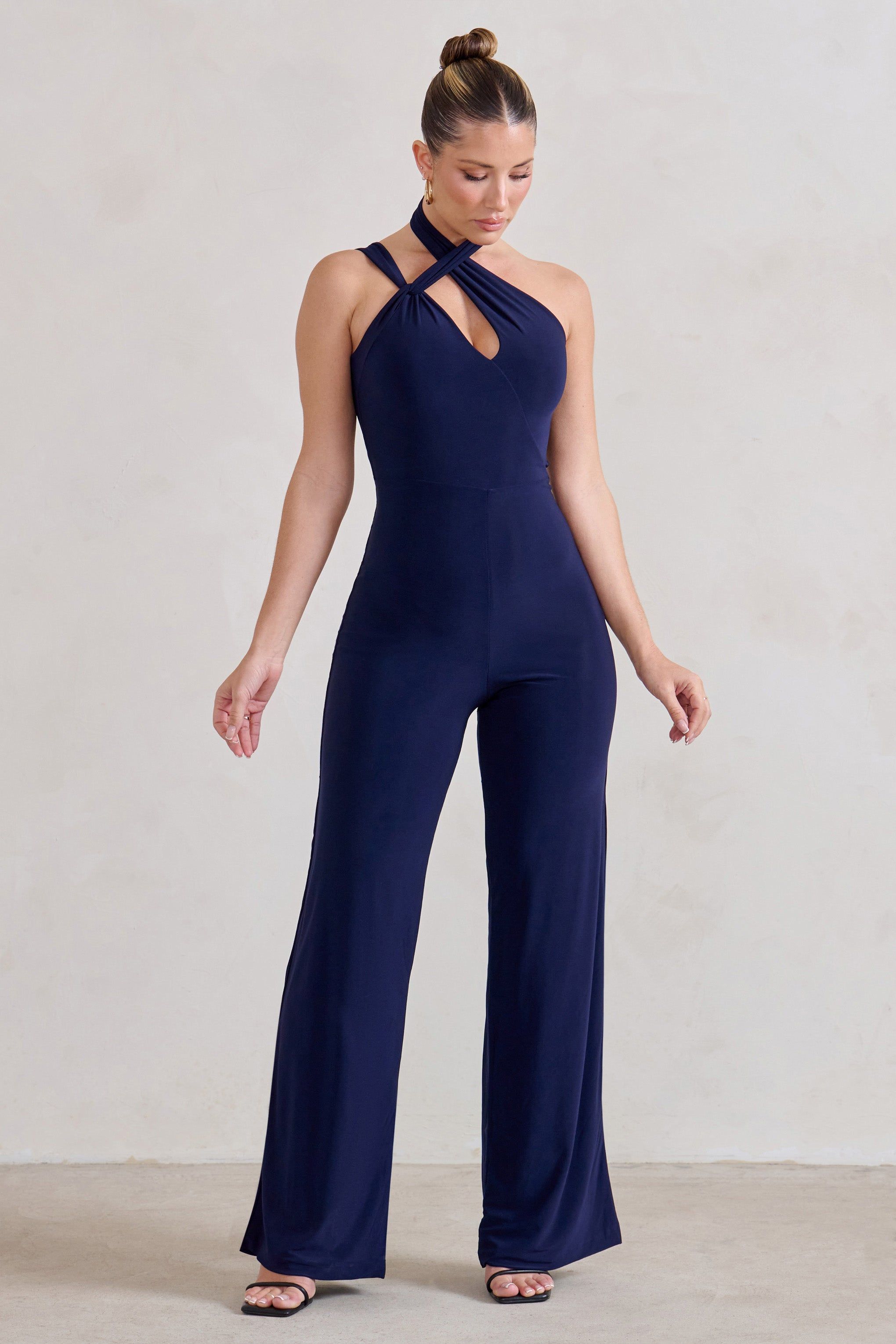 Tilly | Navy Cut Out Halterneck Asymmetrical Jumpsuit sold by Club L London product image thumbnail 4