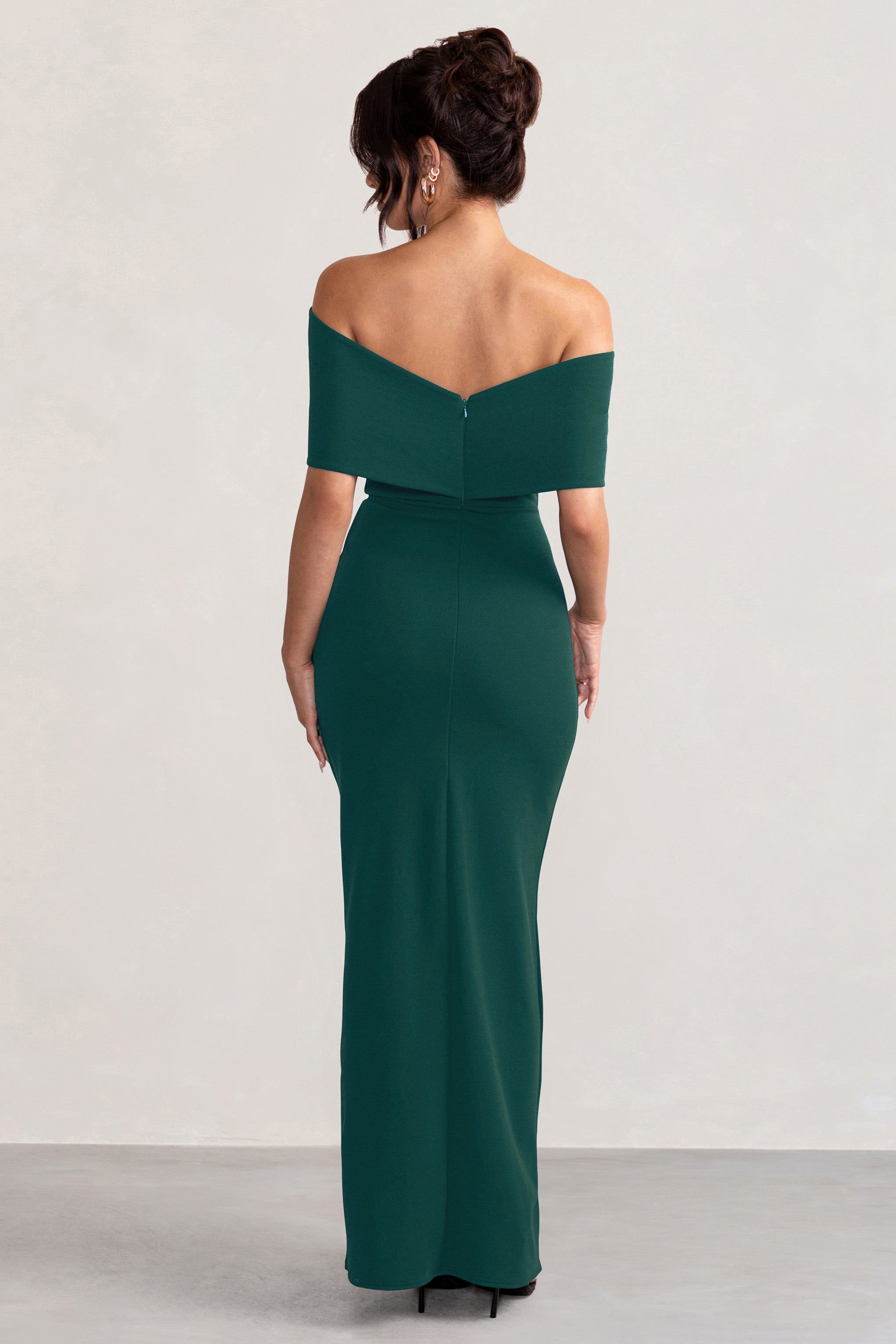 Eva | Bottle Green Bardot Bow Detail Maxi Dress With Thigh Split sold by Club L London product image thumbnail 2