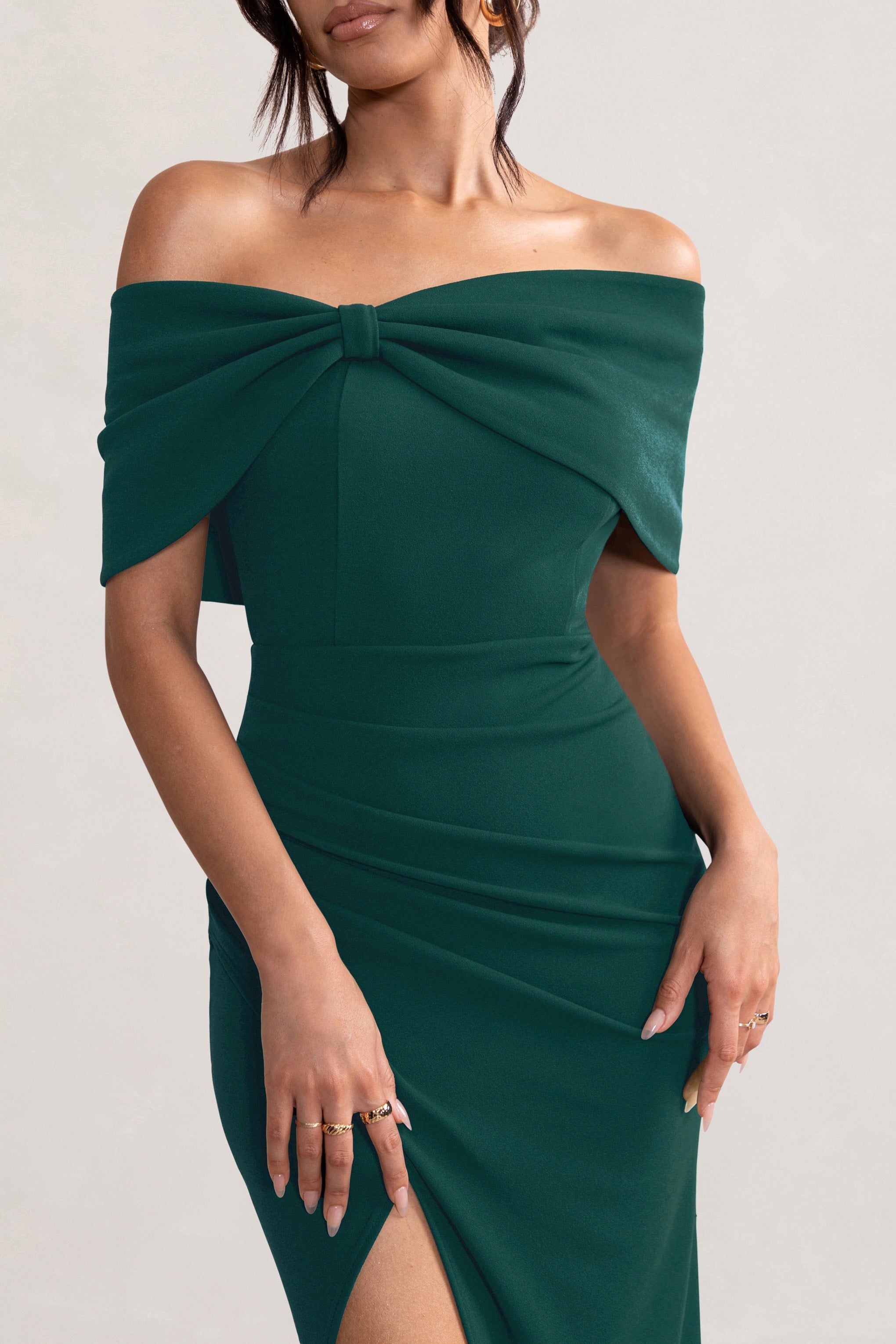 Eva | Bottle Green Bardot Bow Detail Maxi Dress With Thigh Split sold by Club L London product image thumbnail 3