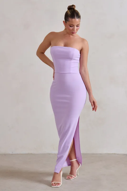 Dina | Lilac Bandeau Maxi Dress With Split sold by Club L London
