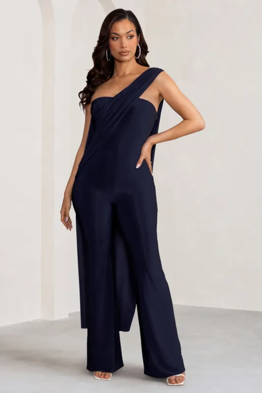 Kendra | Navy Asymmetric Bandeau Jumpsuit with Drape sold by Club L London