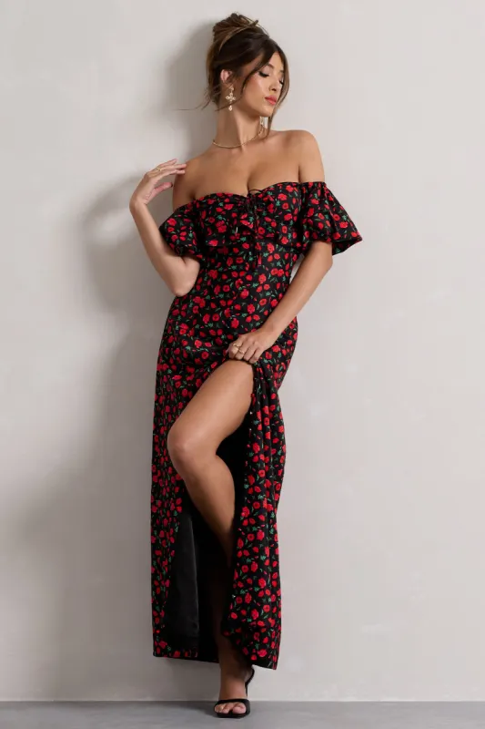 Lenna | Black & Red Floral Bardot Buttoned Split Maxi Dress sold by Club L London