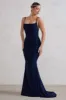 Adele | Navy Backless Ruched Fishtail Cami Maxi Dress sold by Club L London