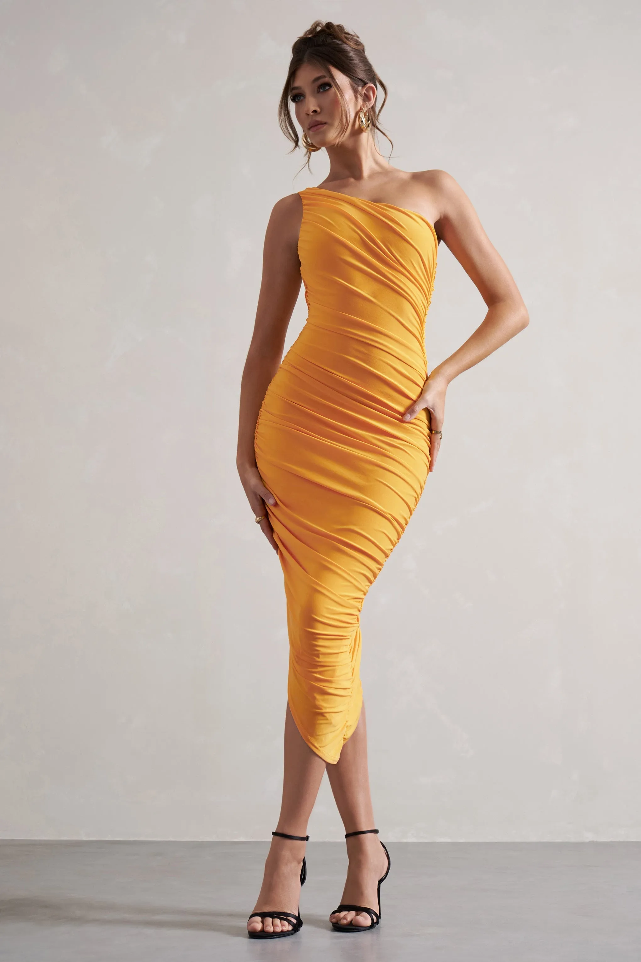 Dorit | Mango One Shoulder Asymmetric Ruched Midi Dress sold by Club L London
