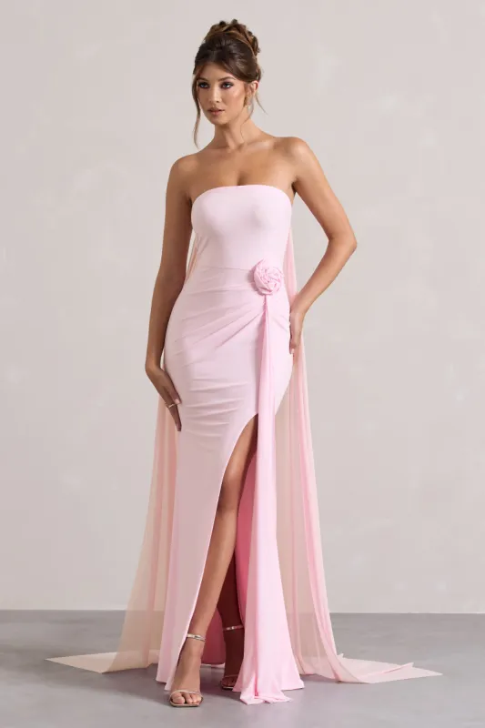More To Come | Pink Strapless Wrap Cape Maxi Dress With Corsage sold by Club L London