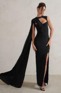 Emmey | Black Asymmetric Cut Out Maxi Dress With Statement Cape sold by Club L London