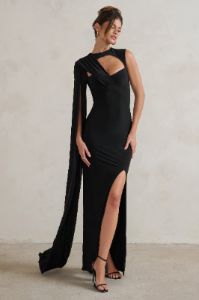 Emmey | Black Asymmetric Cut Out Maxi Dress With Statement Cape sold by Club L London