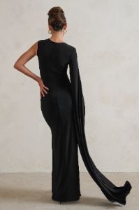 Emmey | Black Asymmetric Cut Out Maxi Dress With Statement Cape sold by Club L London