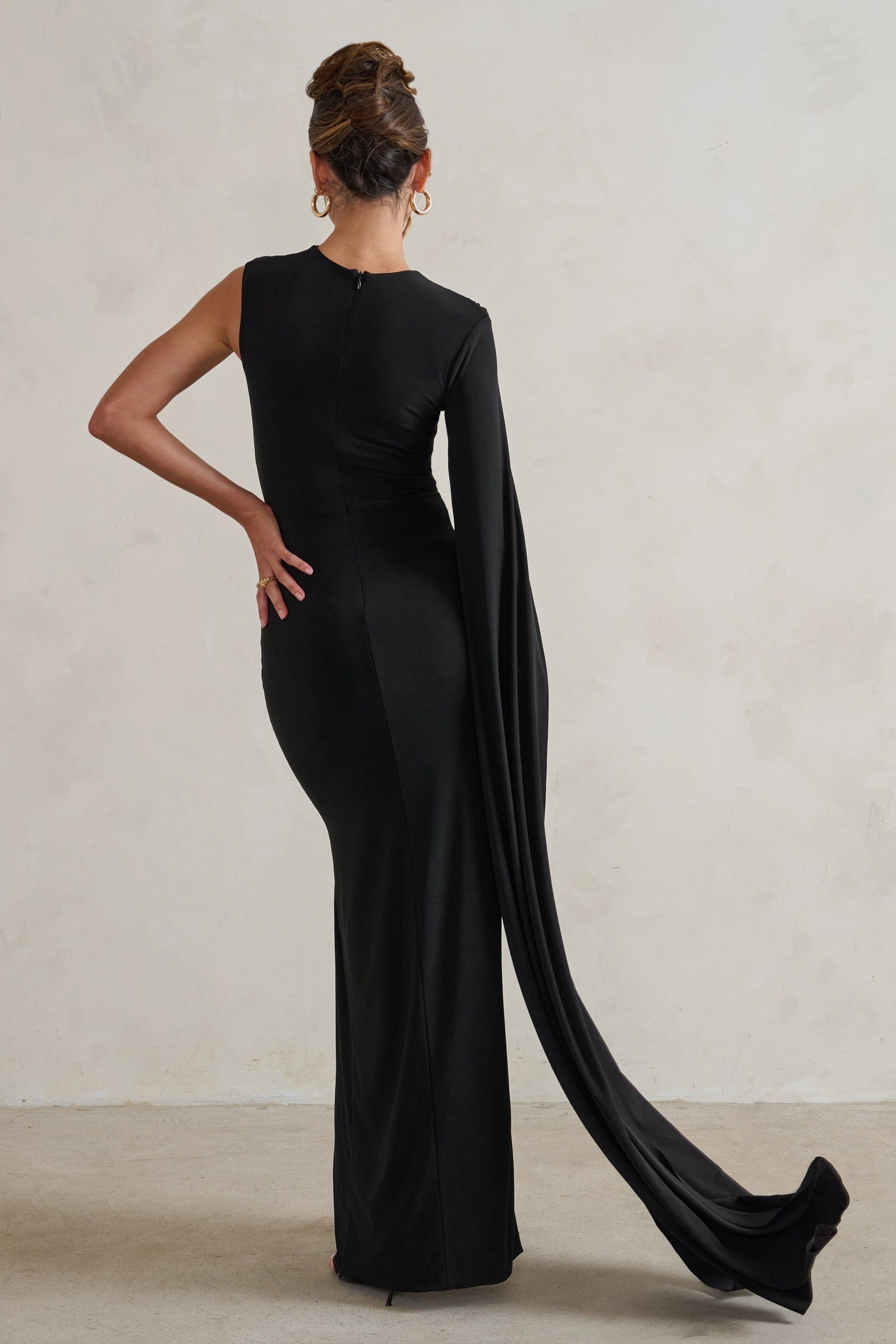 Emmey | Black Asymmetric Cut Out Maxi Dress With Statement Cape sold by Club L London product image thumbnail 3