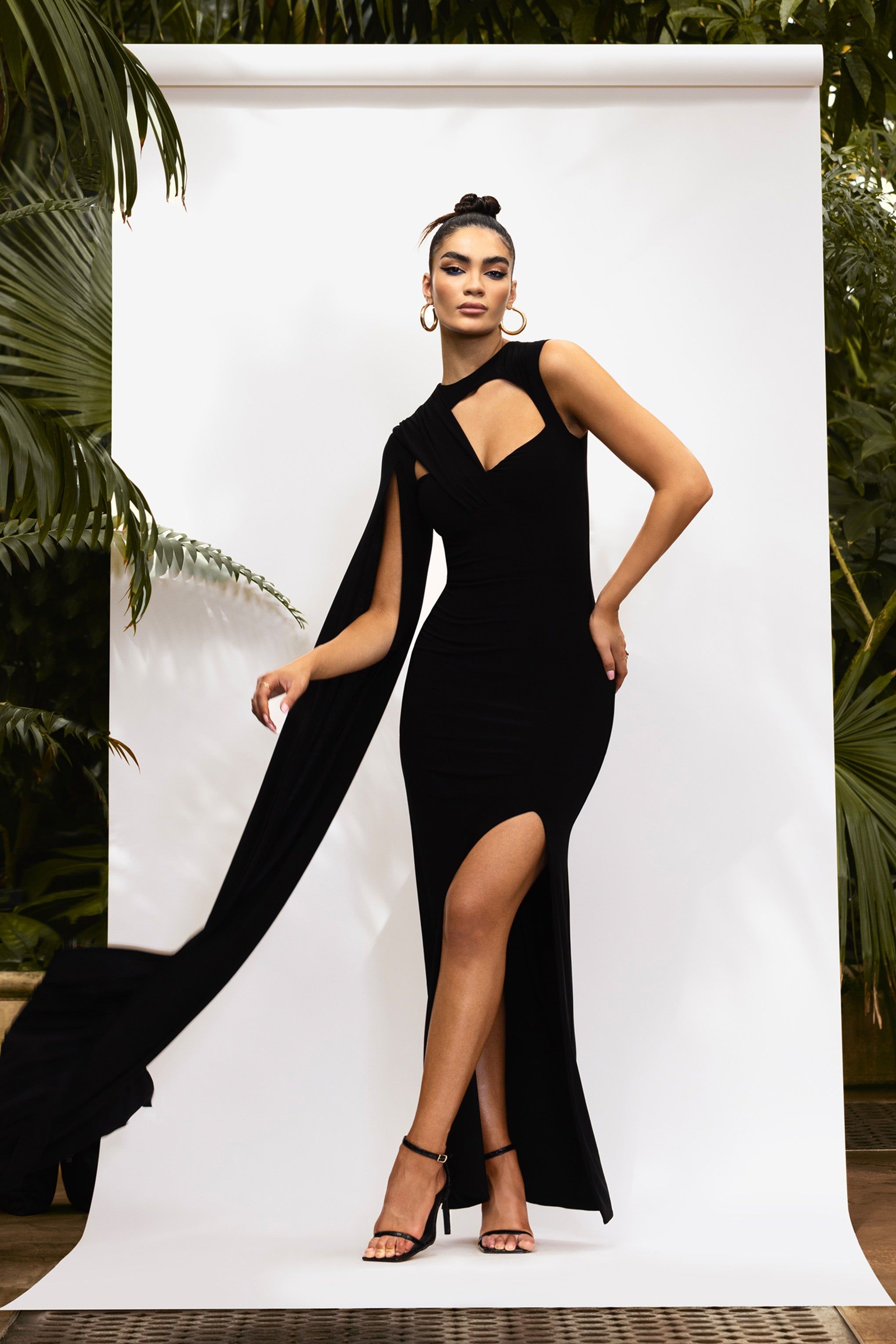 Emmey | Black Asymmetric Cut Out Maxi Dress With Statement Cape sold by Club L London product image thumbnail 2