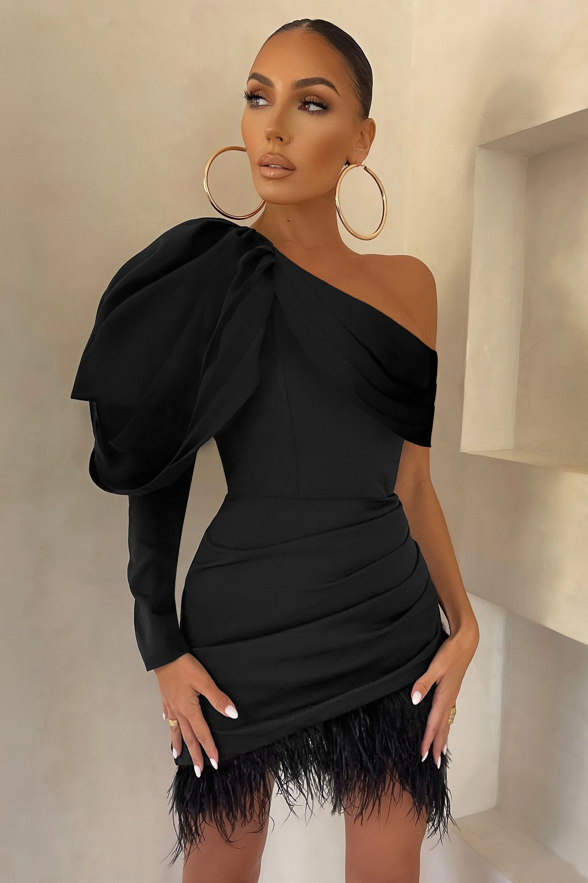 RSVP | Black Asymmetric Volume Sleeve Draped Feather Mini Dress | Parallel